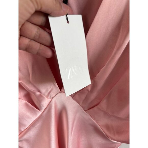 ZARA Womens Pink Satin Midi Dress Flutter Sleeve V-Neck Bloggers Favorite Size S - Picture 5 of 12